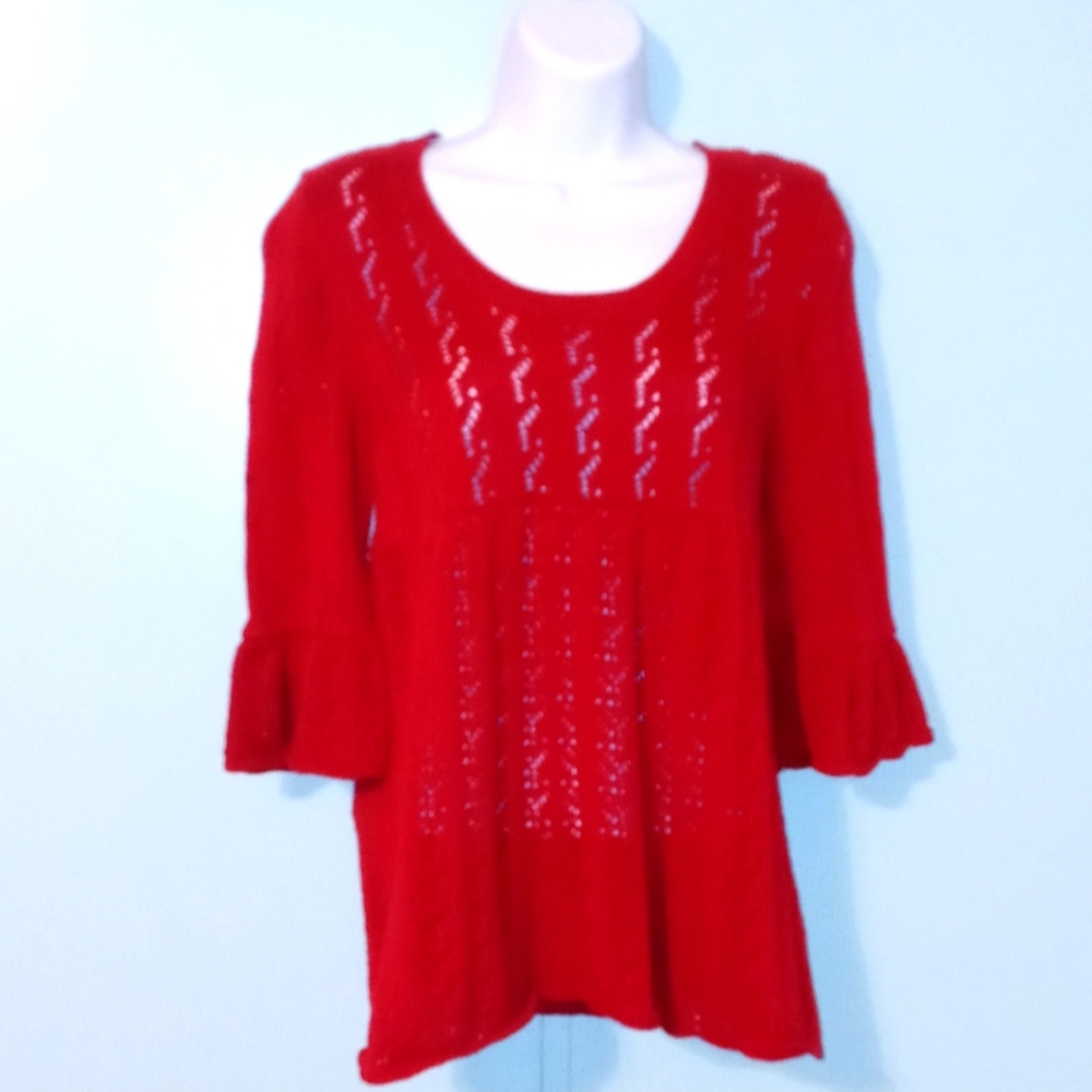 Love Rocks Sweater Ruffle Cuff Red Size Large 60% Cotton 40% Acrylic